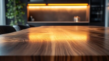 A polished wooden kitchen table in a stylish modern setting, blurred background with warm LED under-cabinet lighting, dark espresso cabinets, a waterfall quartz island, and elegant bar stools,