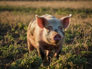 Fototapeta premium Adorable Piglet Portrait in Sunny Farmyard: Exploring Happy, Playful Wildlife in Rural Countryside