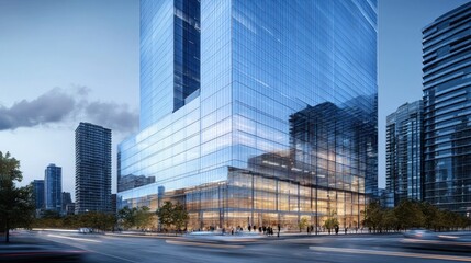 Modern skyscraper cityscape at twilight