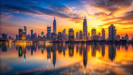 Obraz premium Golden Hour Skyline Reflection A City's Silhouette Mirrored in Calm Waters at Dawn