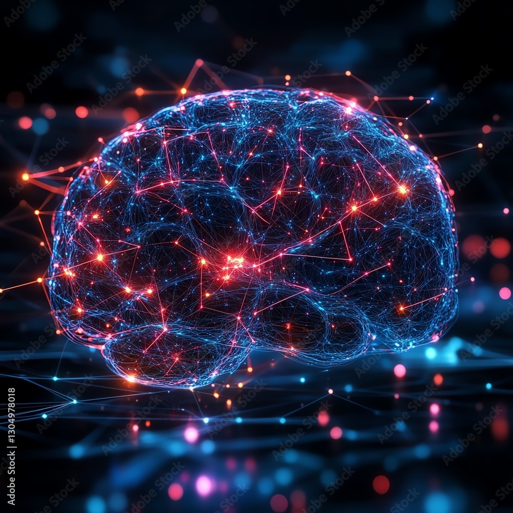 Poster futuristic digital brain visualization with aidriven neural networks, abstract technology, glowing c