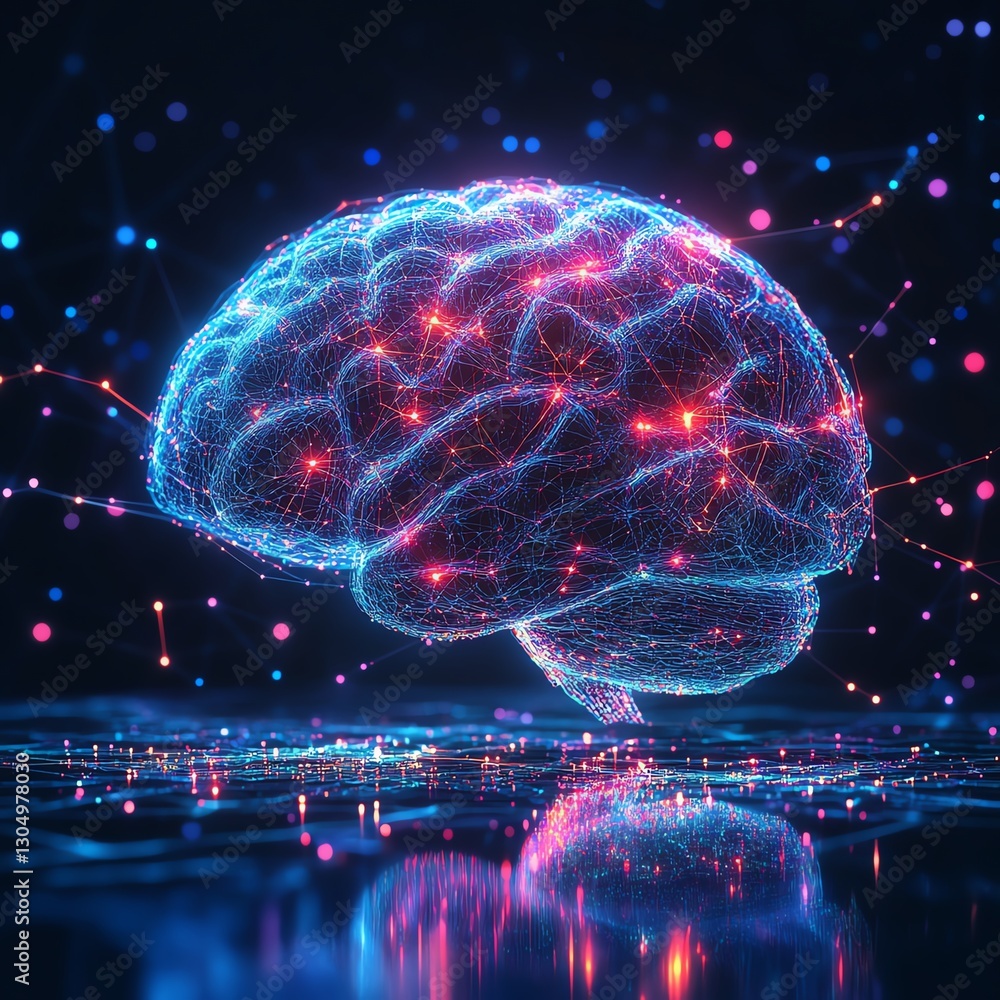 Poster futuristic digital brain visualization with aidriven neural networks, abstract technology, glowing c