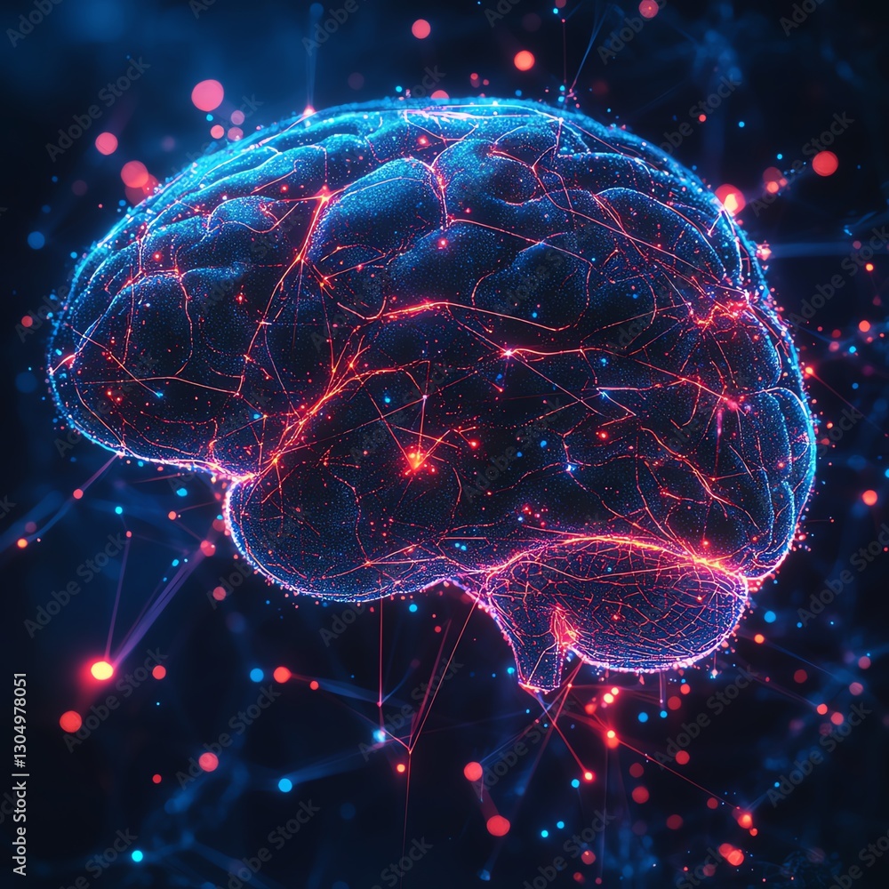 Poster futuristic digital brain visualization with aidriven neural networks, abstract technology, glowing c