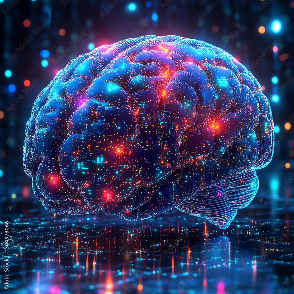 Aufkleber Futuristic digital brain with complex neural networks, artificial intelligence, abstract glowing technology, hightech circuits and data streams, vibrant colors