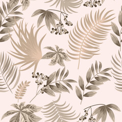 Vector seamless pattern with beige palm leaves, jungle background.