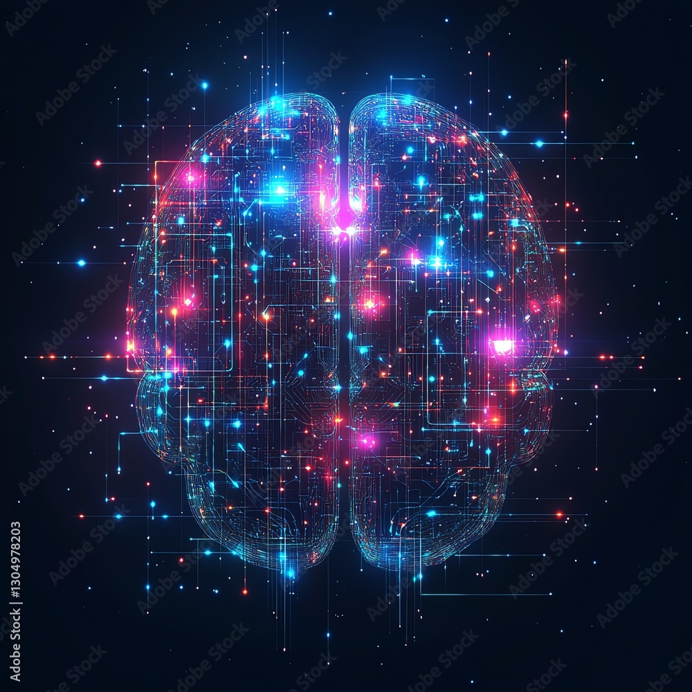 Poster Futuristic digital brain with AI neural pathways, glowing circuits and data flows, artificial intelligence technology, abstract and vibrant neon colors, advanced digital design