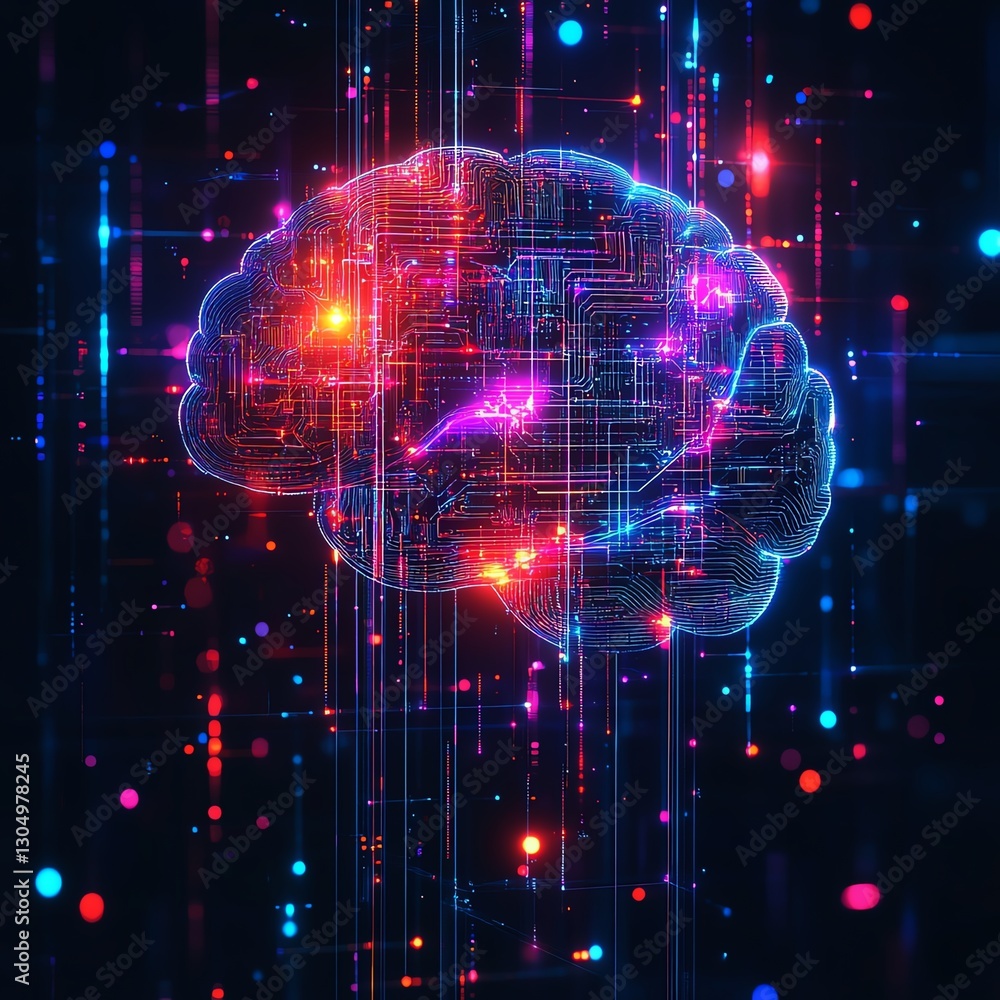 Aufkleber Futuristic digital brain with AI neural pathways, glowing circuits and data flows, artificial intelligence technology, abstract and vibrant neon colors, advanced digital design