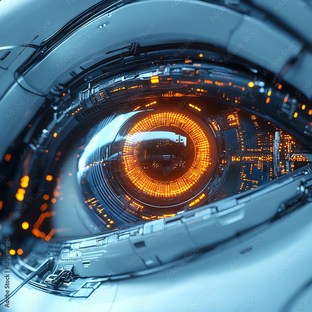 Poster Futuristic robot eye illuminated with glowing technology, sleek metallic design, advanced digital circuits, hightech futuristic atmosphere, detailed closeup