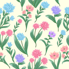Vector seamless pattern with blue, purple and pink flowers, jungle background.