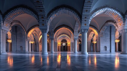 Obraz premium Interior view of an elaborate mosque hall with arches, columns, warm lighting, and details