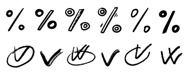 Check mark wrong approved symbols set. doodle sketchy style collection for business, simple naive styl