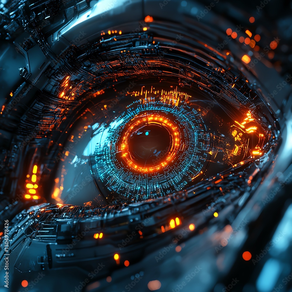 Aufkleber futuristic robot eye with bright illuminated light, digital circuits, hightech mechanical design, gl
