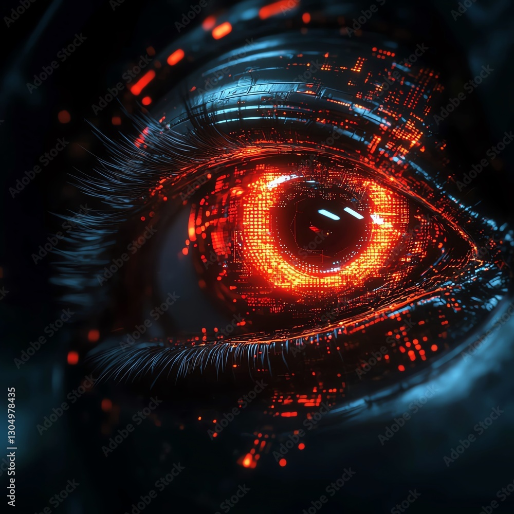 Poster Futuristic robot eye with bright illuminated light, digital circuits, hightech mechanical design, glowing advanced technology, AI vision, futuristic atmosphere