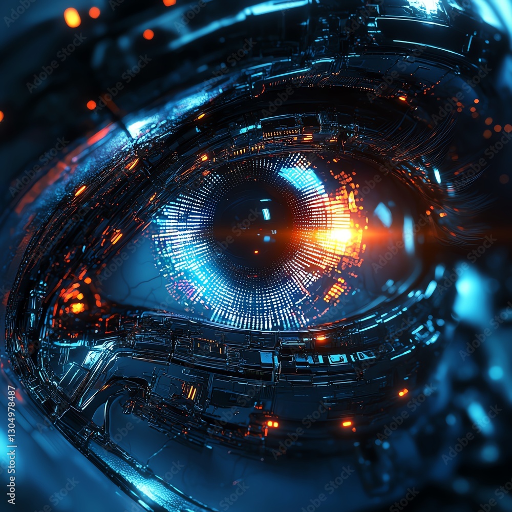 Poster futuristic robot eye with bright illuminated light, digital circuits, hightech mechanical design, gl