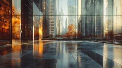 Empty urban plaza, city view, morning sunlight reflections