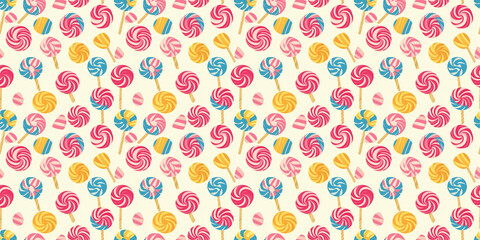 Colorful candy pattern featuring lollipops and swirled treats on a light background. sweet pattern