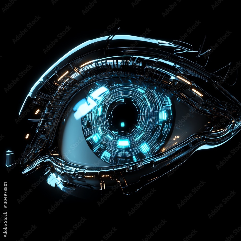 Poster Illuminated robot eye with futuristic technology, glowing digital circuits, sleek metallic design, hightech machinery, advanced AI vision, cyberpunkinspired