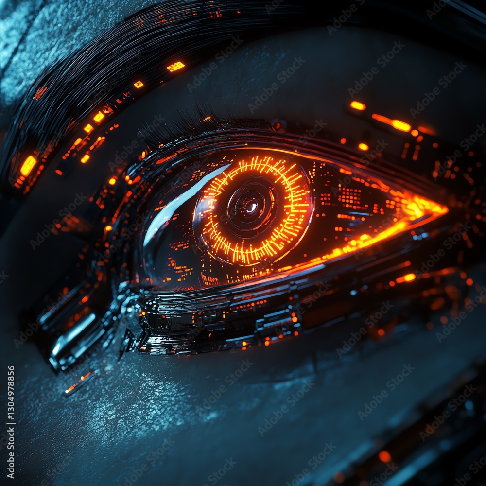 Poster illuminated robot eye with futuristic technology, glowing digital circuits, sleek metallic design, h