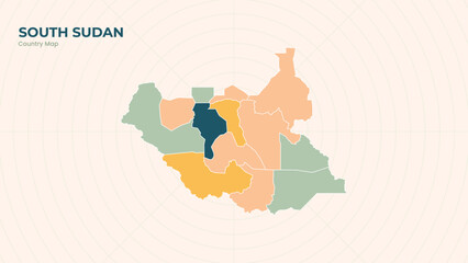 Map of South Sudan isolated modern colorful State. Use for Website Layouts, Background, Education, Customizable, Travel Worldwide, Silhouette Backdrop, Earth Geography, Political.