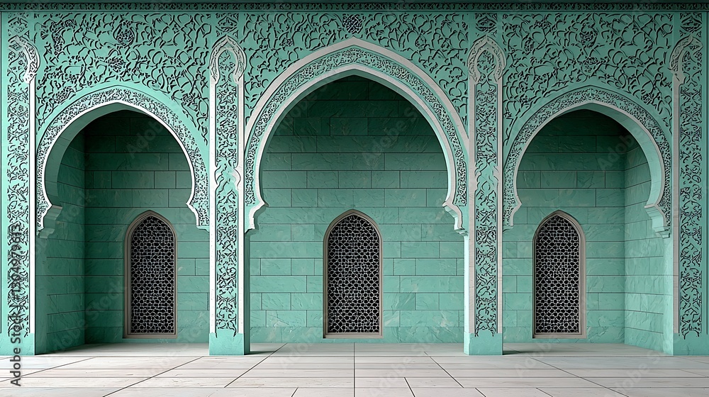 Poster intricate turquoise arches with patterned walls and barred windows in a grand architectural space