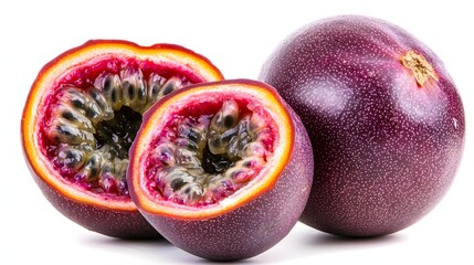 Fresh Passionfruit Halves and Whole on White Background Showcasing Vibrant Color and Juicy Interior