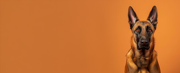 Obraz premium Belgian Malinois dog on minimalistic colorful background with Copy Space. Perfect for banners, veterinary ads, pet food promotions, and minimalist designs.