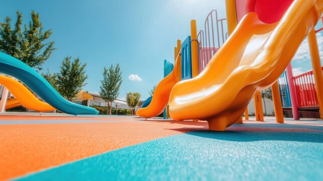 Playground slides urban park outdoor activity fun environment ground level child engagement