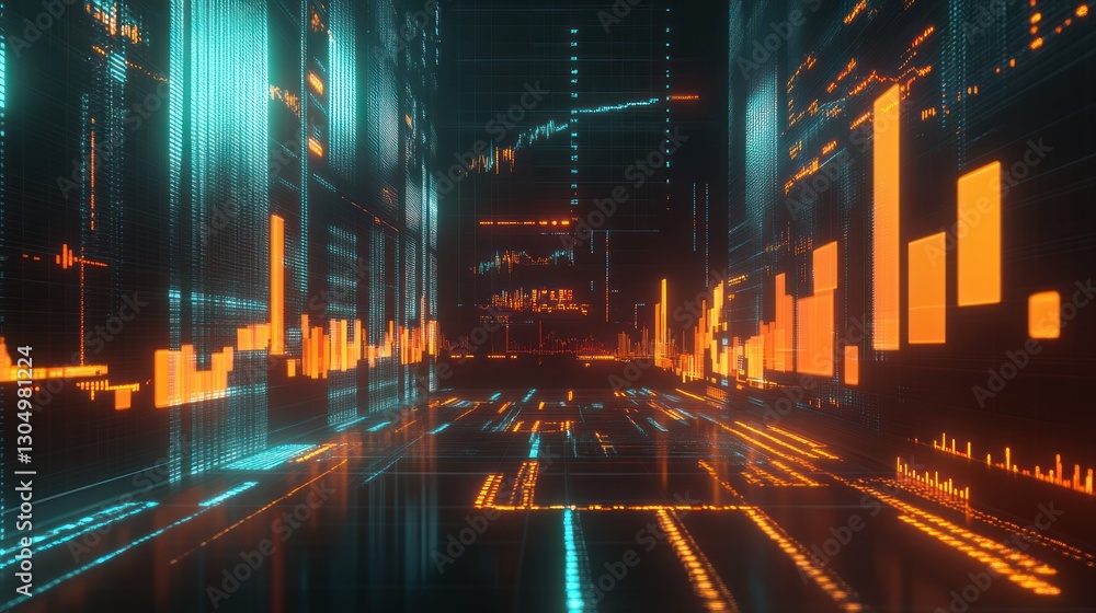 Poster abstract digital tunnel with glowing graphs and data. possible use technology background