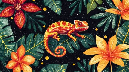 Chameleon in Tropical Floral Print