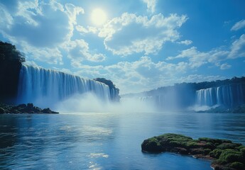 Majestic Waterfalls Cascading into Serene River Under Bright Blue Sky with Fluffy Clouds and Golden Sunlight Reflecting on Crystal Clear Water