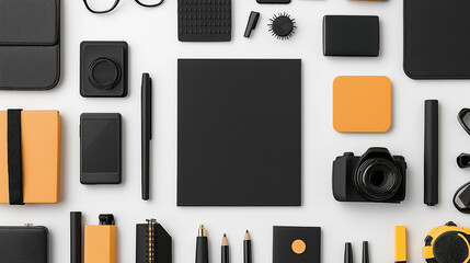 Geometric Workspace: A top-down view reveals a modern, organized workspace with a range of stationery, gadgets, and tech accessories, presenting a minimalistic aesthetic in a monochrome color scheme.