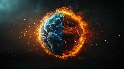 Obraz premium Earth on Fire Surrounded by Flames and Sparks in Dark Atmosphere
