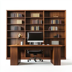 Minimalist Home Office Dark Brown Wooden Desk and Bookshelves