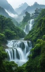 Majestic Waterfalls Cascading Through Lush Green Mountains with Misty Background and Ancient Temple Amidst Natural Beauty and Serenity