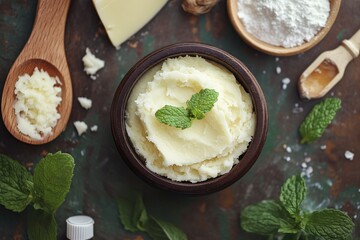 Peppermint-infused body butter in a rustic tin, with ingredients like shea butter and essential oils nearby