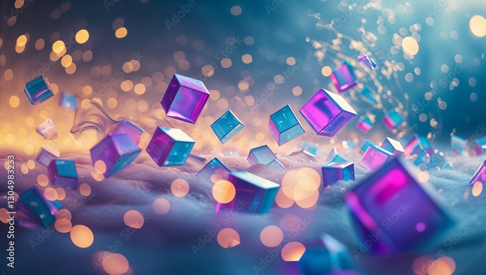 Poster vibrant floating cubes illuminated by soft bokeh lights create a dreamy atmosphere at twilight
