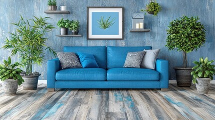 Blue Sofa in Plant-Filled Room