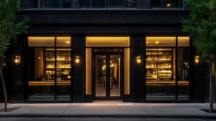 Stylish Bar and Restaurant Exterior at Night with Warm Lighting