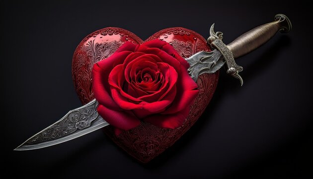 rose flower decoarted red heart pierced with antique knife or dagger tragic love symbol for valentines day gothic style design