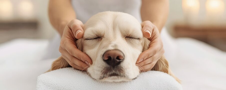Soothing Relaxation for Your Dog concept. A person gently massages a dog's face on a soft surface, promoting relaxation and care.