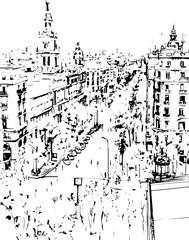 Obraz premium architecture, building, drawing, sketch, church, vector, city, illustration, old, travel, castle, art, paris, europe, town, vintage, house, cathedral, tower, design, draw, landmark, ancient, london, d