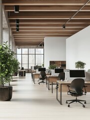 Modern Office Interior with Wooden Beams and City View