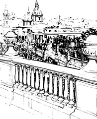 Fototapeta premium architecture, building, drawing, sketch, church, vector, city, illustration, old, travel, castle, art, paris, europe, town, vintage, house, cathedral, tower, design, draw, landmark, ancient, london, d