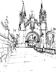 Fototapeta premium architecture, building, drawing, sketch, church, vector, city, illustration, old, travel, castle, art, paris, europe, town, vintage, house, cathedral, tower, design, draw, landmark, ancient, london, d