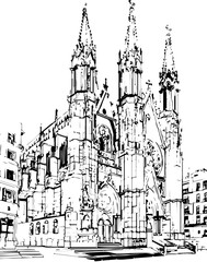 Fototapeta premium architecture, building, drawing, sketch, church, vector, city, illustration, old, travel, castle, art, paris, europe, town, vintage, house, cathedral, tower, design, draw, landmark, ancient, london, d