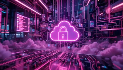 Futuristic Digital Cloud Storage with Lock Symbol and Neon Lights in Cyber Environment