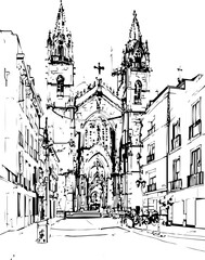 architecture, building, drawing, sketch, church, vector, city, illustration, old, travel, castle, art, paris, europe, town, vintage, house, cathedral, tower, design, draw, landmark, ancient, london, d