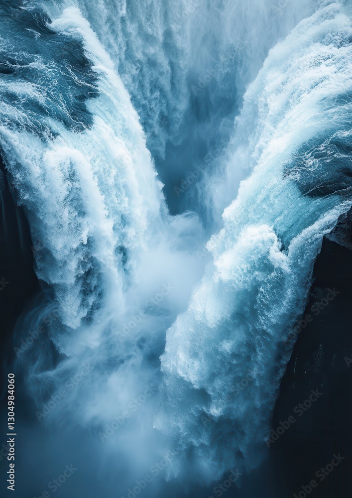 Poster majestic waterfalls splitting into two streams creating foam and mist in a deep gorge surrounded by 