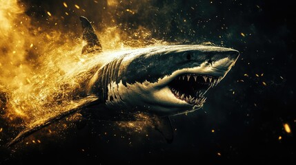 Fototapeta premium A dramatic portrayal of a great white shark emerging from the depths, surrounded by splashes of water and a fiery background.
