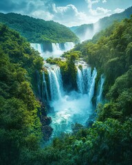 Fototapeta premium Majestic Waterfalls Surrounded by Lush Green Forests Under a Clear Blue Sky with Sunlight Streaming Through the Trees